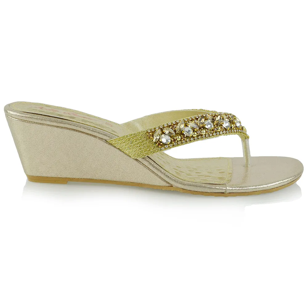 Delilah Toe Post Diamante Strappy Wedge Heel Sandal Mules In Gold sold by XYlondon product image thumbnail 2