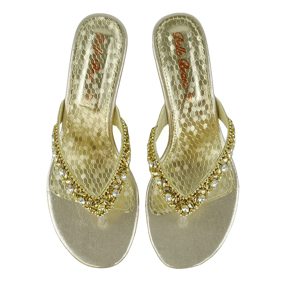 Delilah Toe Post Diamante Strappy Wedge Heel Sandal Mules In Gold sold by XYlondon product image thumbnail 4