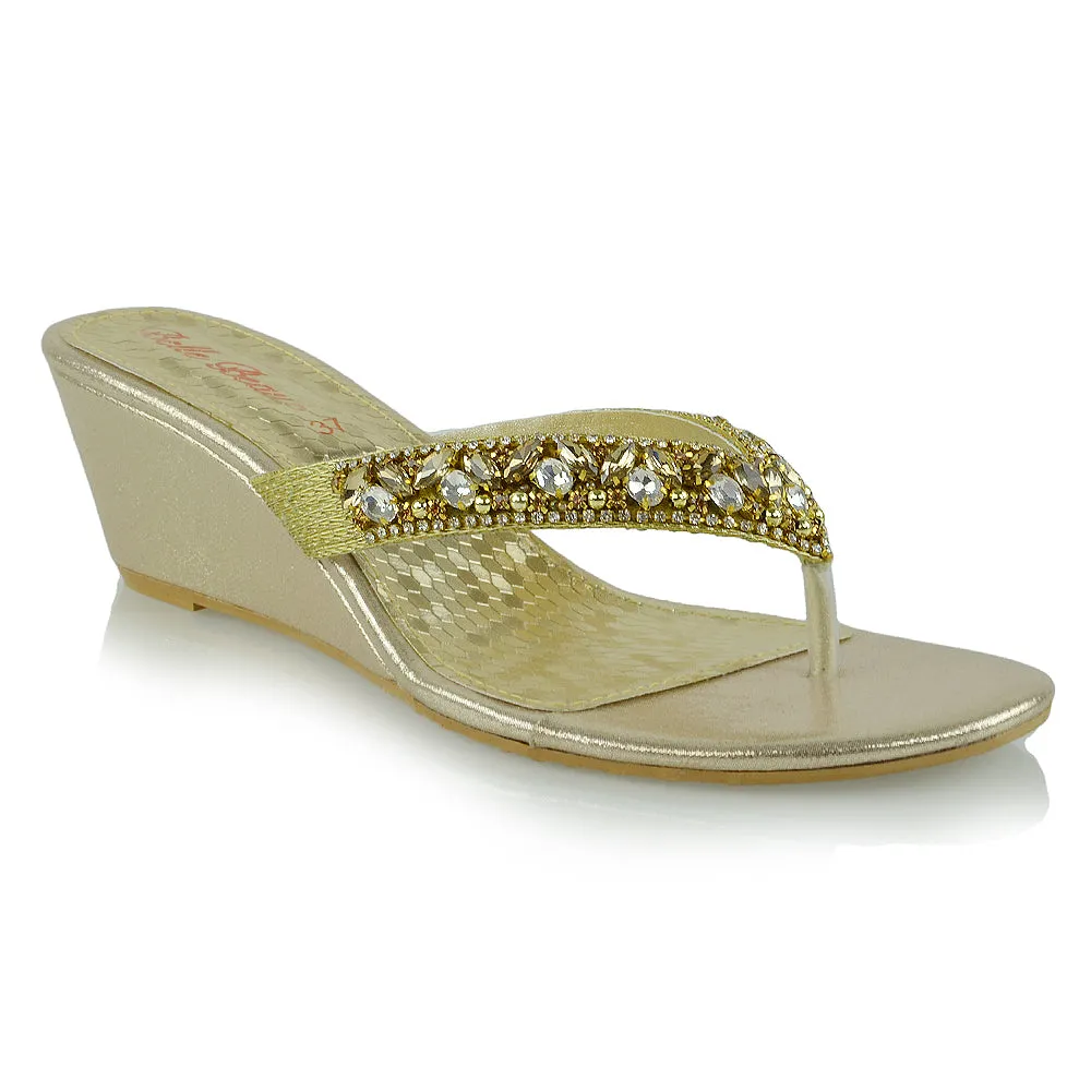 Delilah Toe Post Diamante Strappy Wedge Heel Sandal Mules In Gold sold by XYlondon
