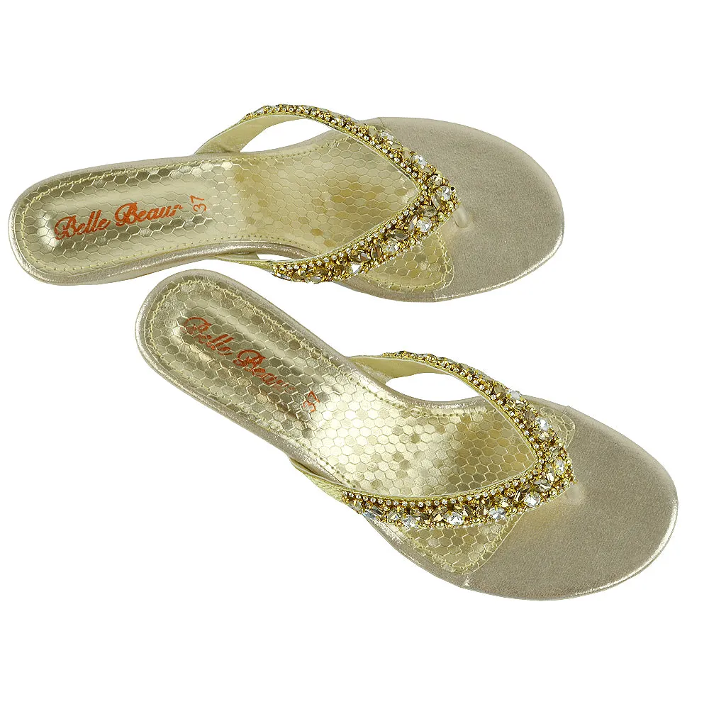 Delilah Toe Post Diamante Strappy Wedge Heel Sandal Mules In Gold sold by XYlondon product image thumbnail 5