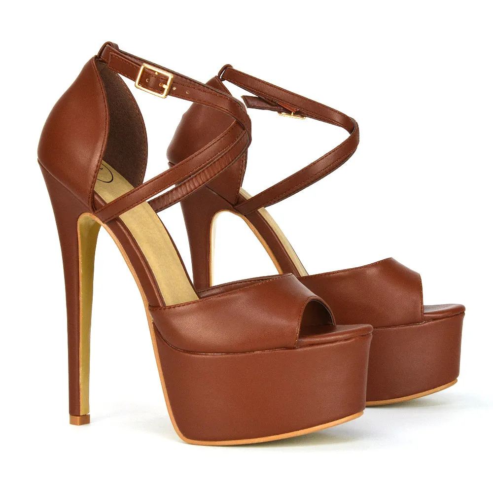 Suzanna Strappy Platform Stiletto Peep Toe High Heels Sandals in Brown Synthetic Leather sold by XYlondon
