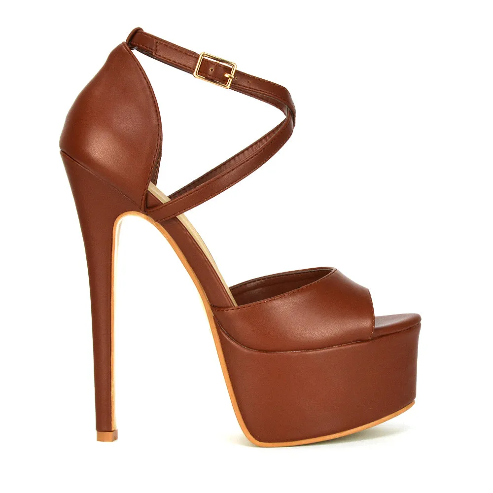 Suzanna Strappy Platform Stiletto Peep Toe High Heels Sandals in Brown Synthetic Leather sold by XYlondon product image thumbnail 5