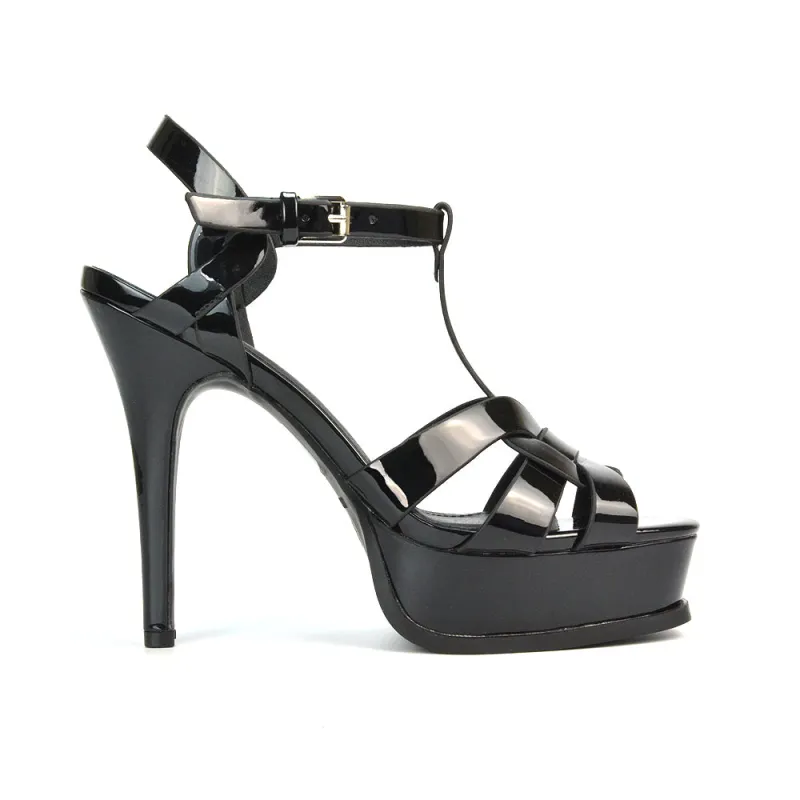 Dafney Stiletto Strappy Platform Open Toe High Heel Sandals in Black Patent sold by XYlondon