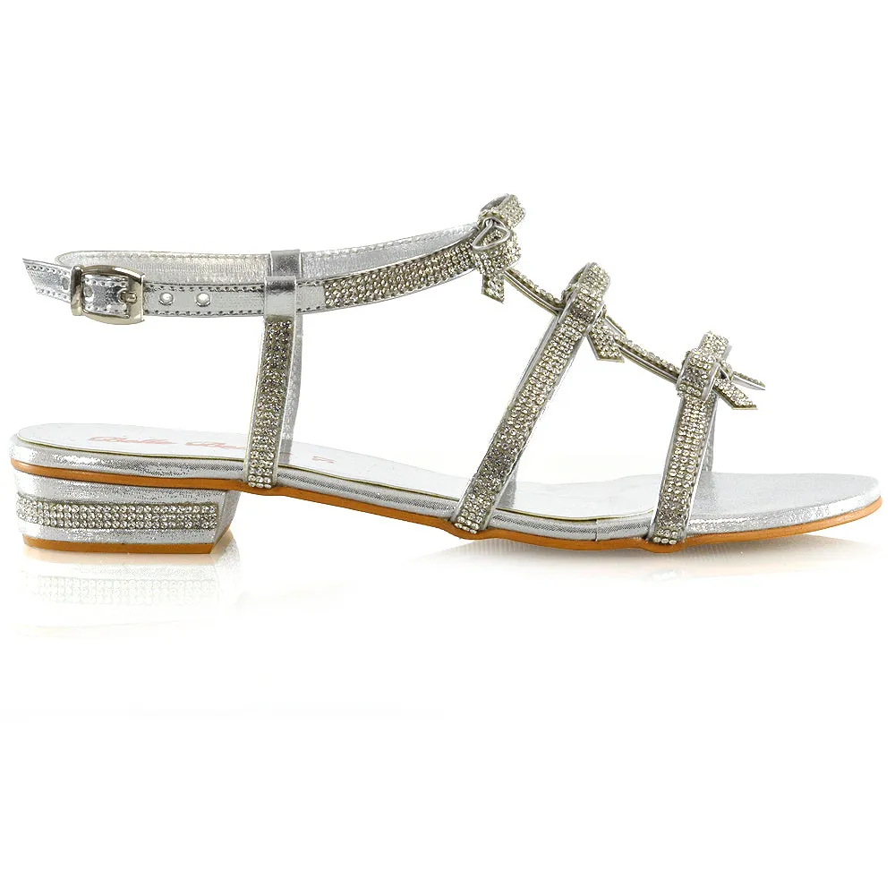KENZIE LOW BLOCK HEEL BOW DETAIL SPARKLY DIAMANTE ANKLE STRAP FLAT SANDALS IN SILVER sold by XYlondon product image thumbnail 2