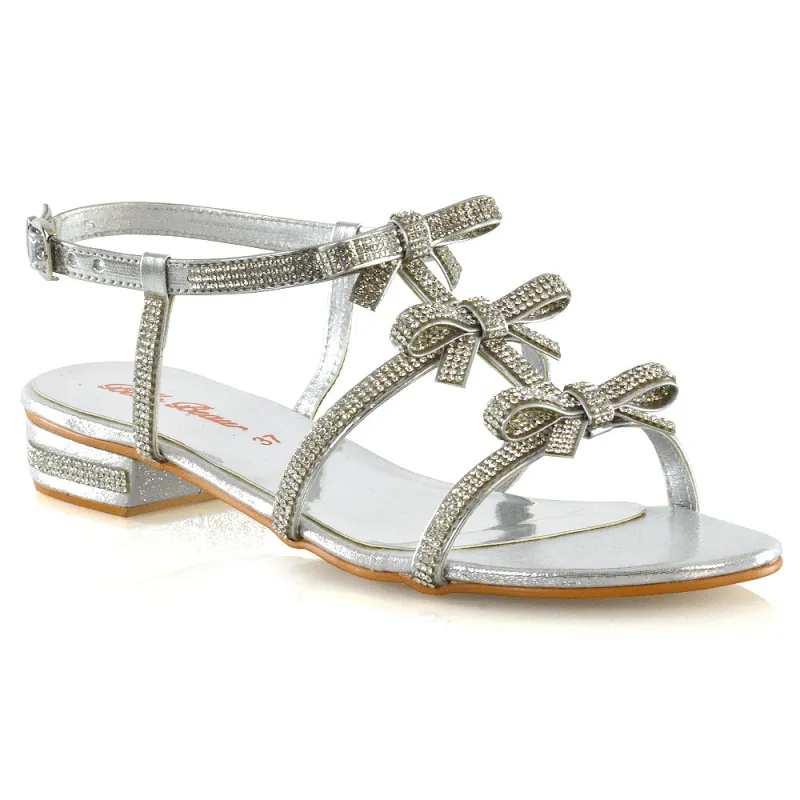 KENZIE LOW BLOCK HEEL BOW DETAIL SPARKLY DIAMANTE ANKLE STRAP FLAT SANDALS IN SILVER made by XYlondon