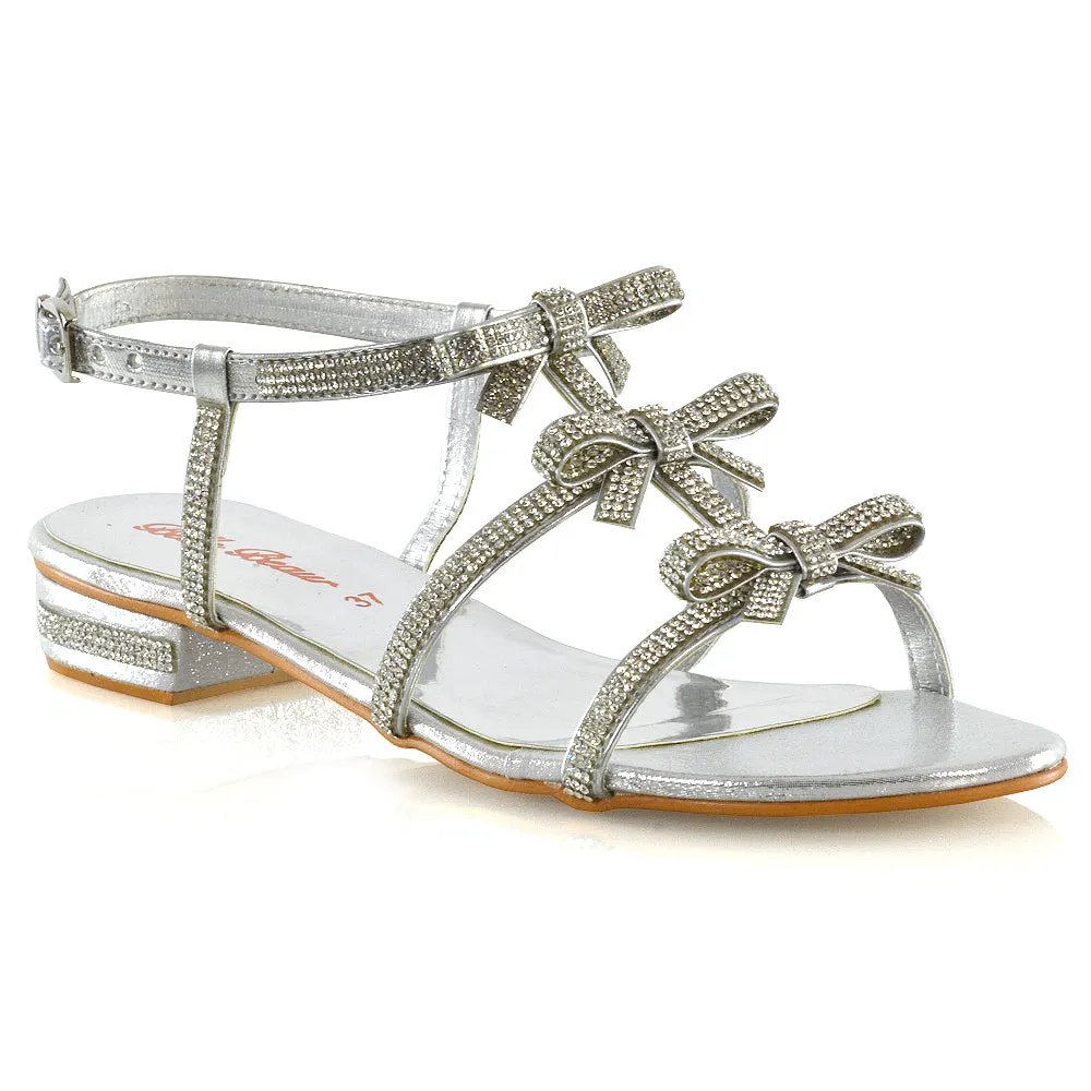 KENZIE LOW BLOCK HEEL BOW DETAIL SPARKLY DIAMANTE ANKLE STRAP FLAT SANDALS IN SILVER sold by XYlondon