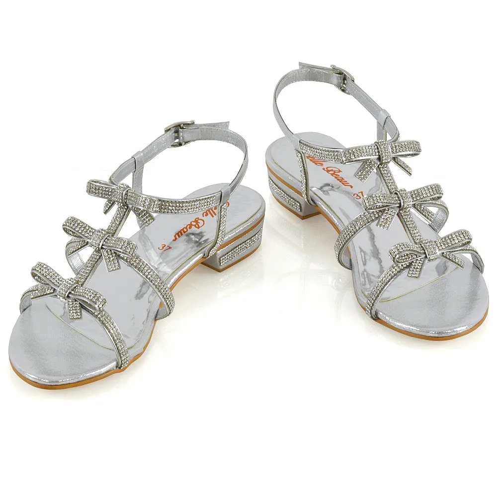 KENZIE LOW BLOCK HEEL BOW DETAIL SPARKLY DIAMANTE ANKLE STRAP FLAT SANDALS IN SILVER sold by XYlondon product image thumbnail 4