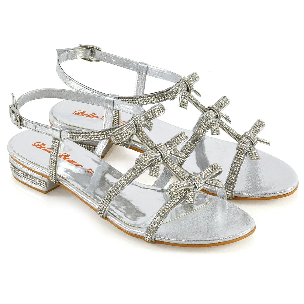 KENZIE LOW BLOCK HEEL BOW DETAIL SPARKLY DIAMANTE ANKLE STRAP FLAT SANDALS IN SILVER sold by XYlondon product image thumbnail 3