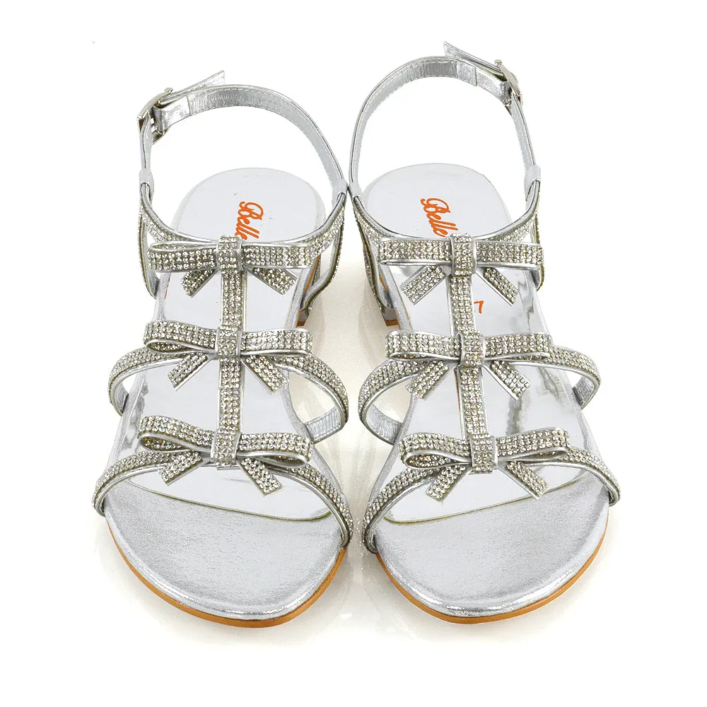 KENZIE LOW BLOCK HEEL BOW DETAIL SPARKLY DIAMANTE ANKLE STRAP FLAT SANDALS IN SILVER sold by XYlondon product image thumbnail 5