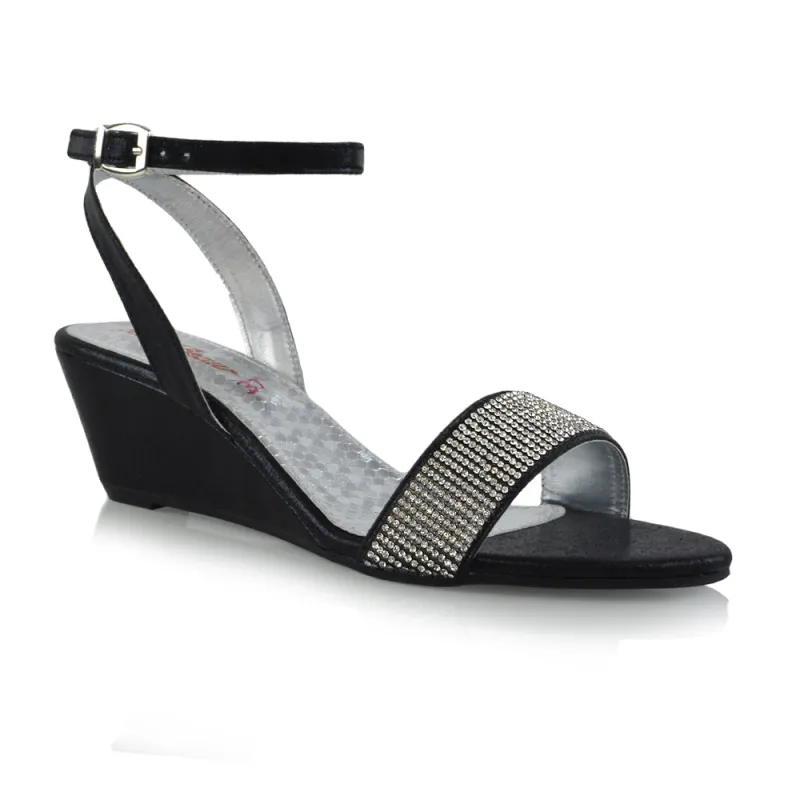 REAGAN DIAMANTE SPARKLY FRONT STRAP BUCKLE DETAIL SANDAL WEDGE LOW HEELS IN BLACK made by XYlondon