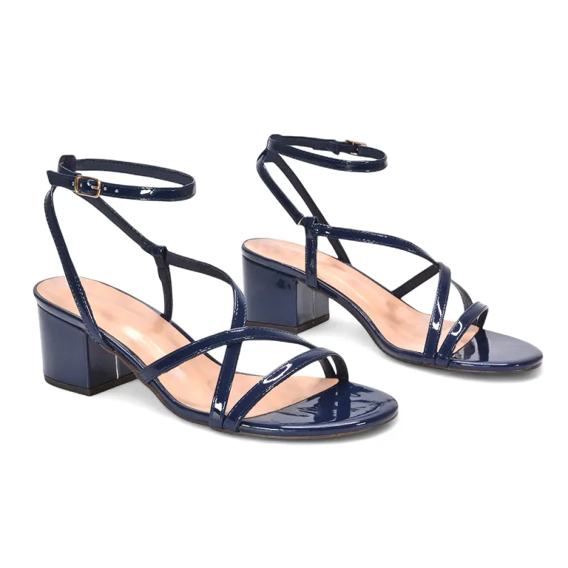 Lizzie Open Toe Mid Block Heel Strappy Sandals in Navy Patent sold by XYlondon
