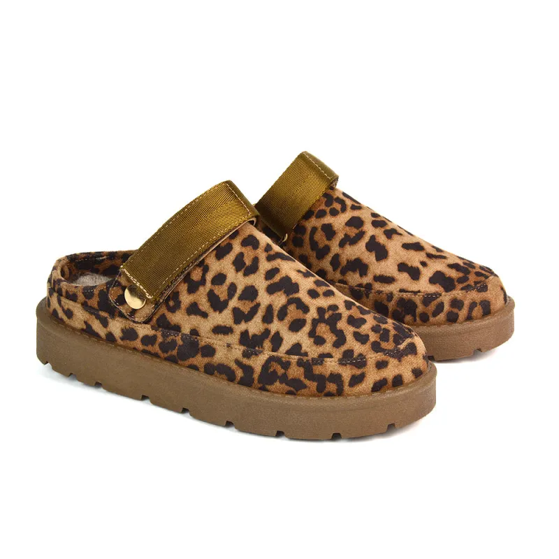 Sienna Closed Toe Clogs Strap Slingback Faux Fur Lined Comfy Slippers in Cheetah sold by XYlondon