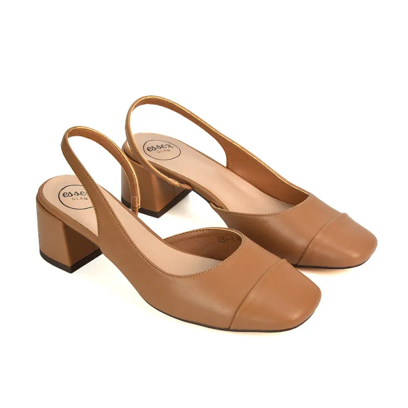 Kyla Low Block Heels Square Toe Slingback Court Shoes in Mocha Synthetic Leather sold by XYlondon