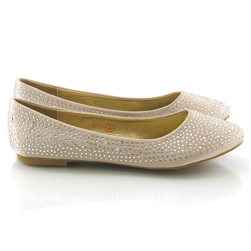 CINDERELLA SPARKLY CRYSTAL DIAMANTE FLAT PUMPS BRIDAL BALLERINA SHOES IN BEIGE SATIN made by XYlondon