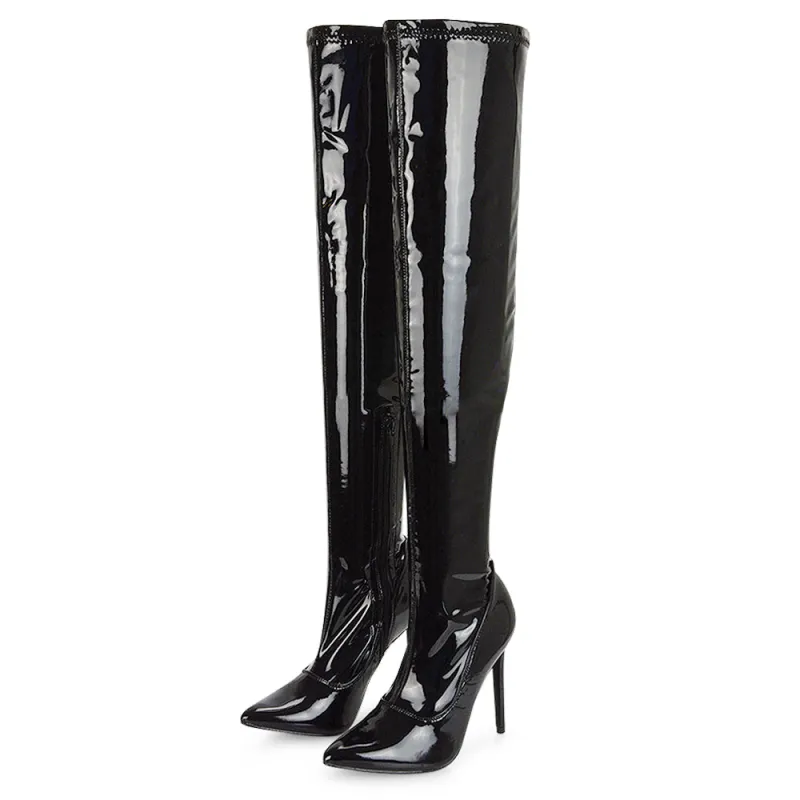 PIPER OVER THE KNEE ZIP UP THIGH HIGH STILETTO HEELED BOOTS IN BLACK PATENT sold by XYlondon