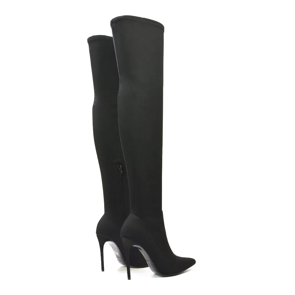Piper Over The Knee Thigh High Stiletto Pointed Toe Heeled Boots in Black Lycra sold by XYlondon product image thumbnail 4