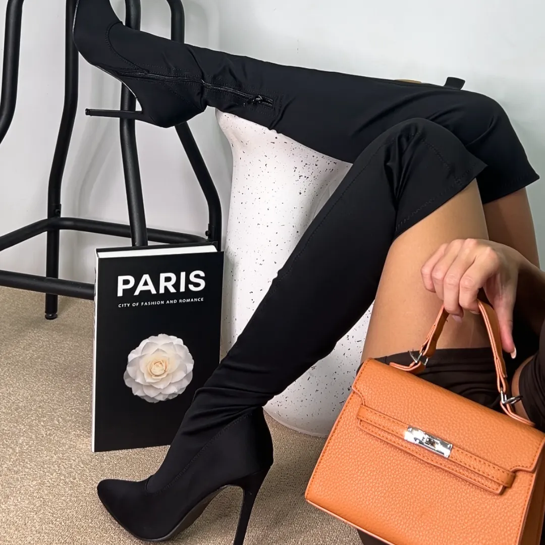 Piper Over The Knee Thigh High Stiletto Pointed Toe Heeled Boots in Black Lycra sold by XYlondon product image thumbnail 2
