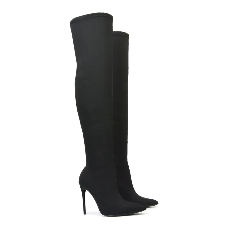 Piper Over The Knee Thigh High Stiletto Pointed Toe Heeled Boots in Black Lycra sold by XYlondon