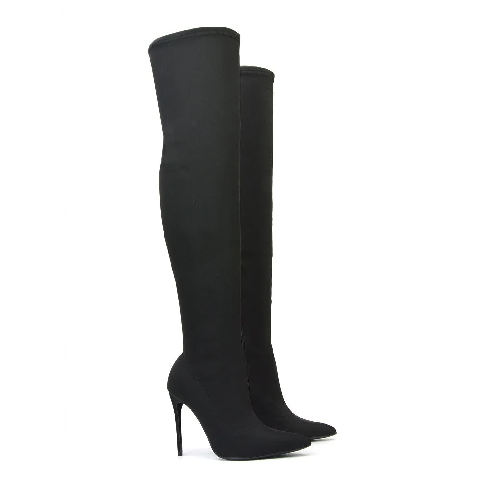 Piper Over The Knee Thigh High Stiletto Pointed Toe Heeled Boots in Black Lycra sold by XYlondon