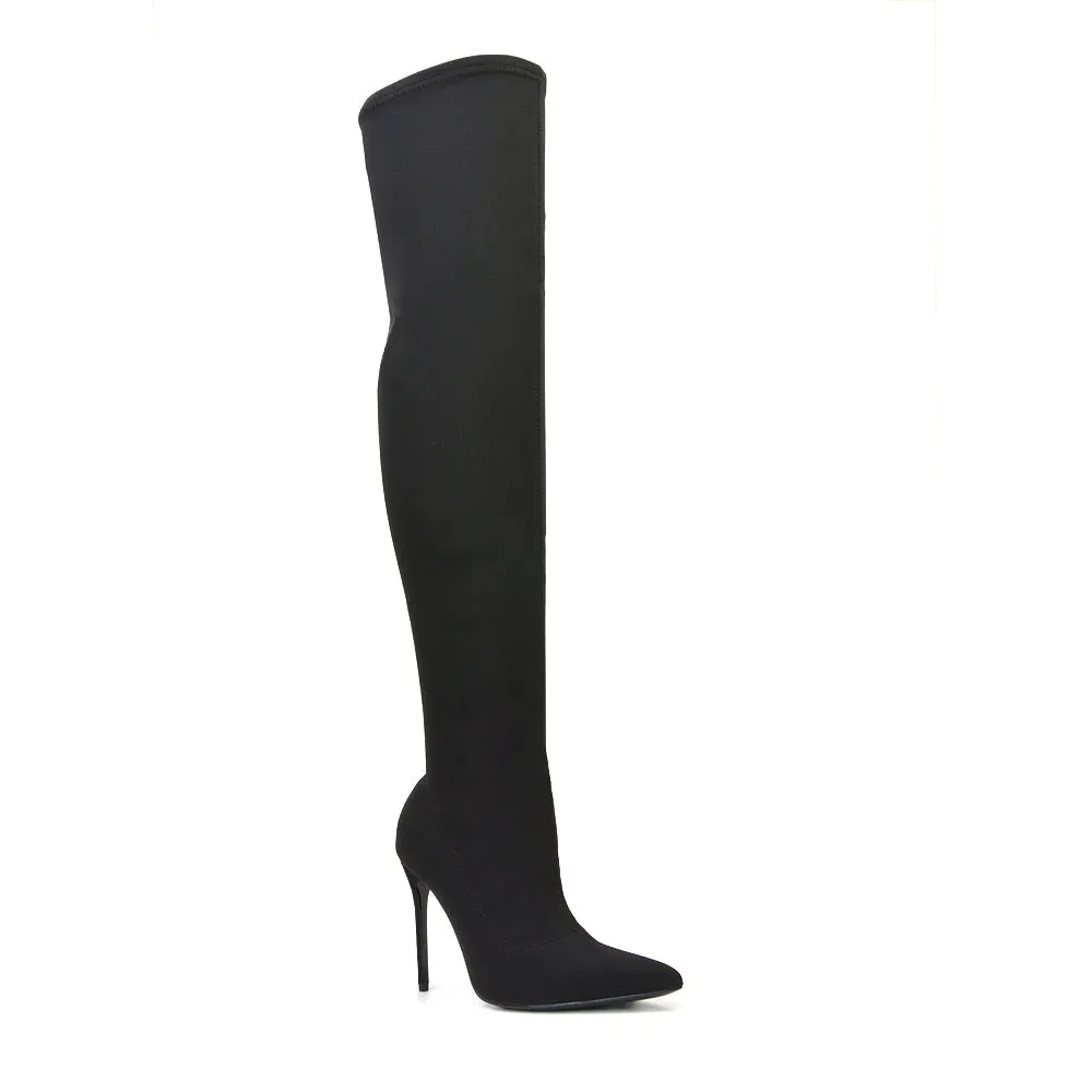 Piper Over The Knee Thigh High Stiletto Pointed Toe Heeled Boots in Black Lycra sold by XYlondon product image thumbnail 3