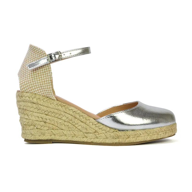 Rocky Closed Toe Strappy Espadrille Sandal Wedge Mid Heels in Silver made by XYlondon