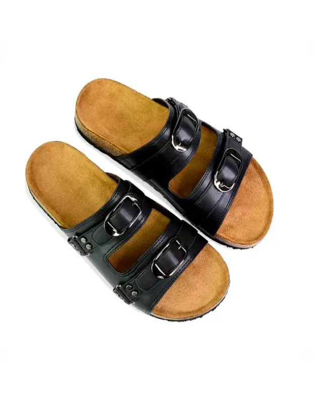 Evan Strappy Slip On Mule Summer Holiday Buckle Flat Sandals Sliders in Black sold by XYlondon