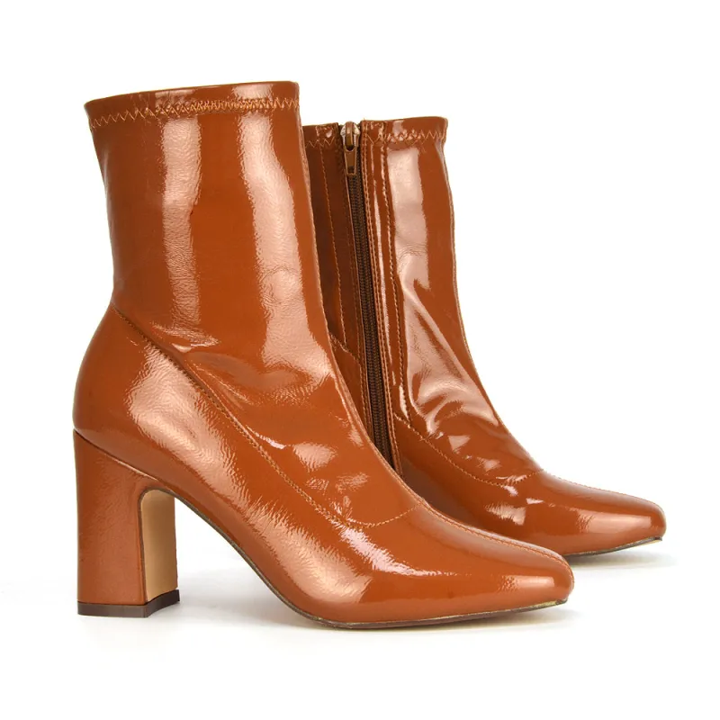 Luxe Zip-Up Block Heeled Ankle Sock Boots Heels in Camel Patent sold by XYlondon