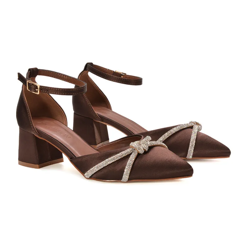 Gracie Diamante Strappy Mid Block Heel Sandals With a Pointed Toe in Brown Satin sold by XYlondon