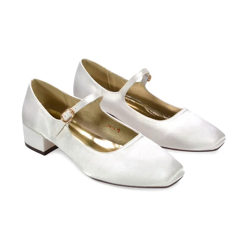 Hazel Low Block Heel Square Toe Buckle Strap Court Shoes in Ivory Satin sold by XYlondon