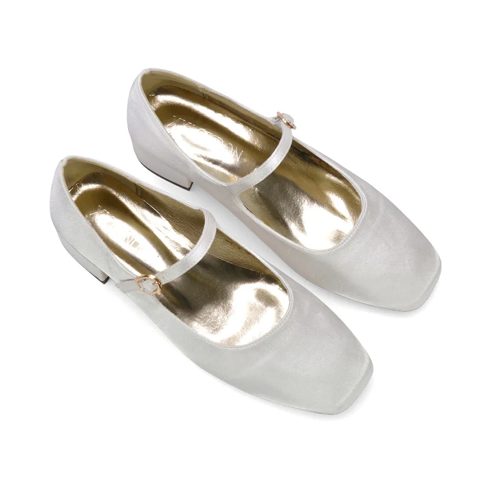 Hazel Low Block Heel Square Toe Buckle Strap Court Shoes in Ivory Satin sold by XYlondon product image thumbnail 5