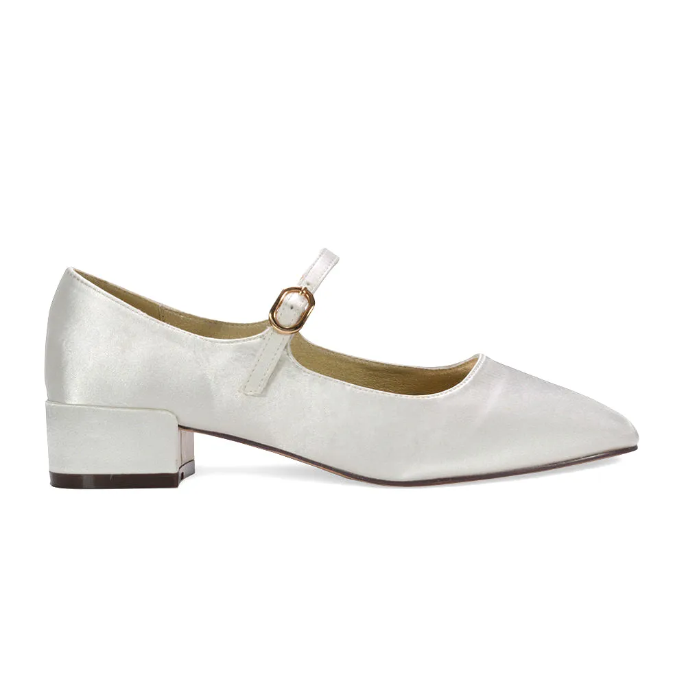 Hazel Low Block Heel Square Toe Buckle Strap Court Shoes in Ivory Satin sold by XYlondon product image thumbnail 4