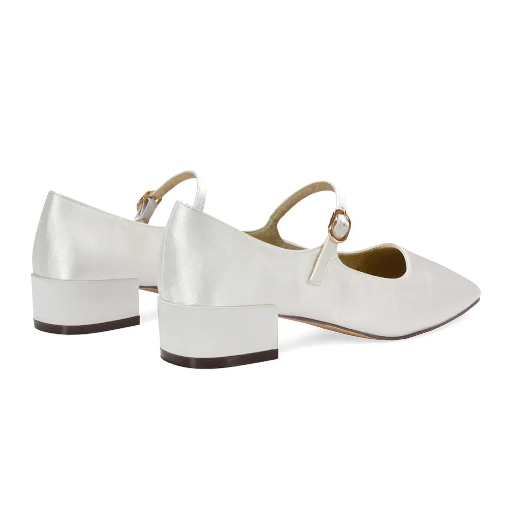 Hazel Low Block Heel Square Toe Buckle Strap Court Shoes in Ivory Satin sold by XYlondon product image thumbnail 3