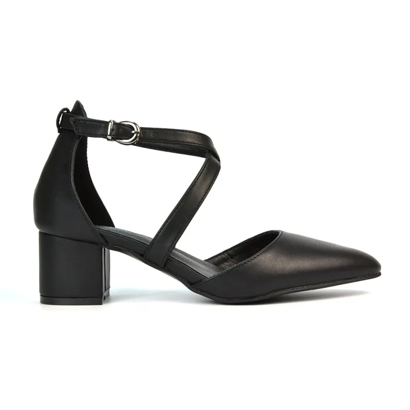 Cynthia Pointed Toe Ankle Strap Mid Block Heels Court Shoes in Black Synthetic Leather sold by XYlondon