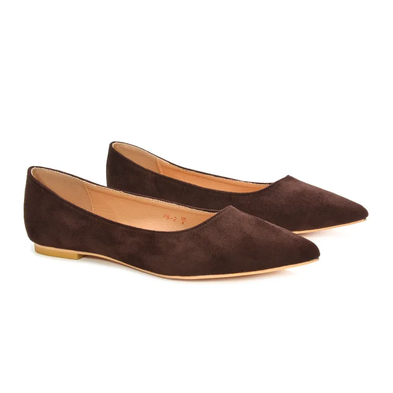 Alessia Pointed Toe Flat Ballerina Pumps in Brown Faux Suede made by XYlondon