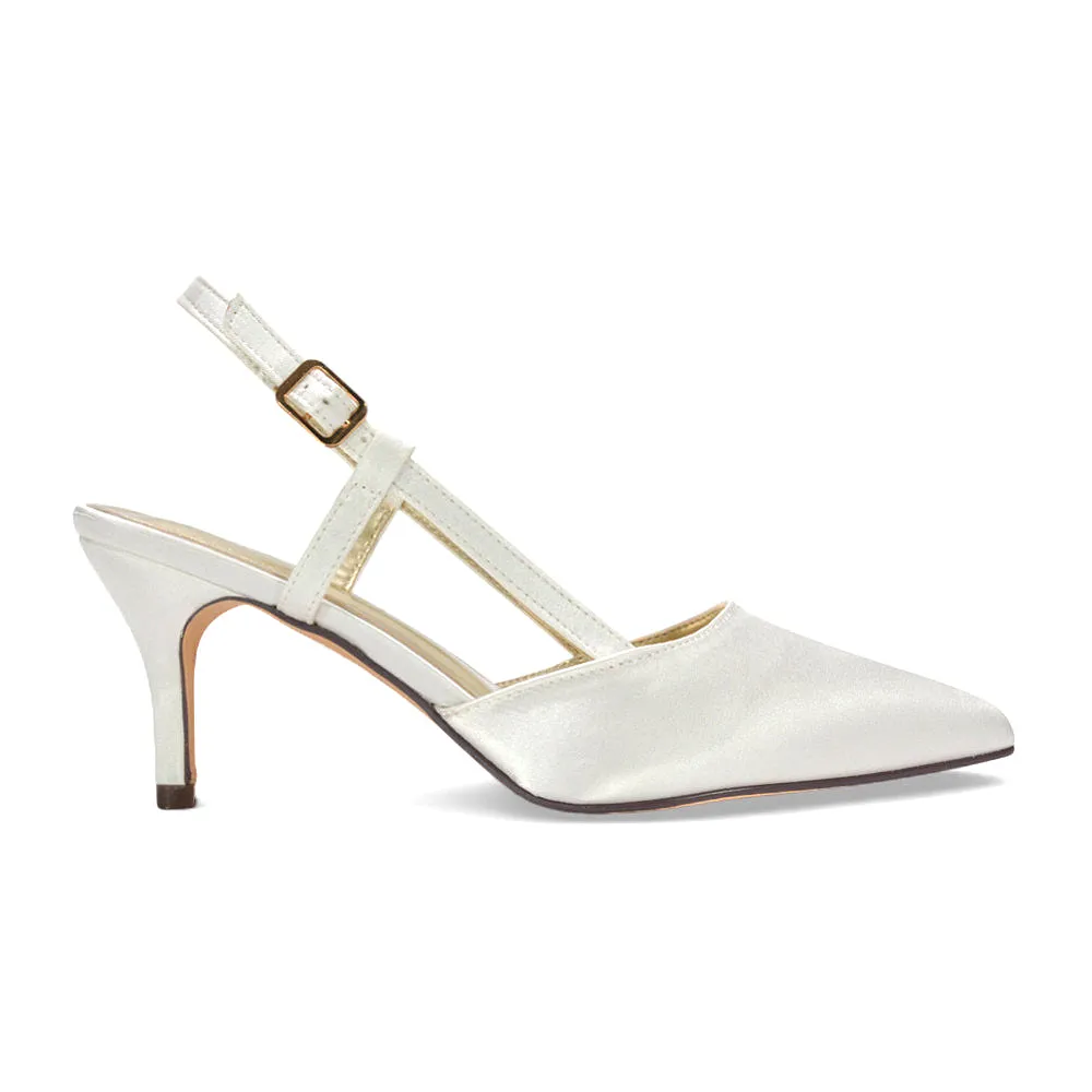 Karla Mid Heel Stilettos Pointed Toe Bridal Slingback Court Shoes in Ivory Satin sold by XYlondon product image thumbnail 5