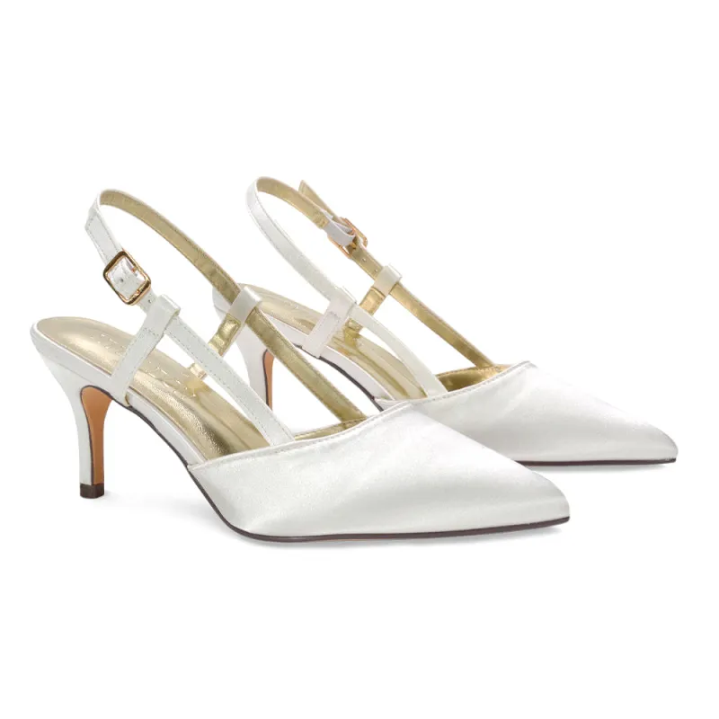 Karla Mid Heel Stilettos Pointed Toe Bridal Slingback Court Shoes in Ivory Satin made by XYlondon