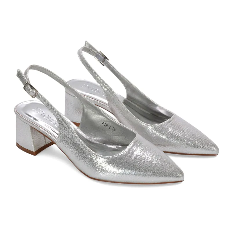 Monroe Slingback Mid Block Heel Pointed Toe Court Shoes in Silver Shimmer sold by XYlondon