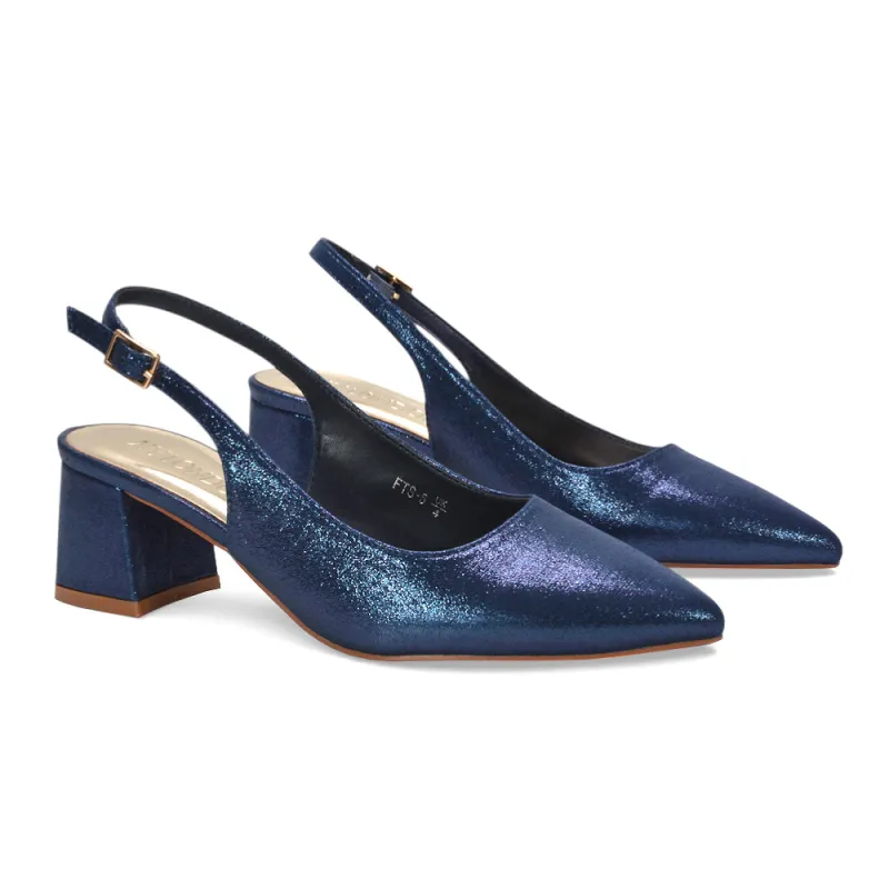 Monroe Slingback Mid Block Heel Pointed Toe Court Shoes in Navy Shimmer sold by XYlondon