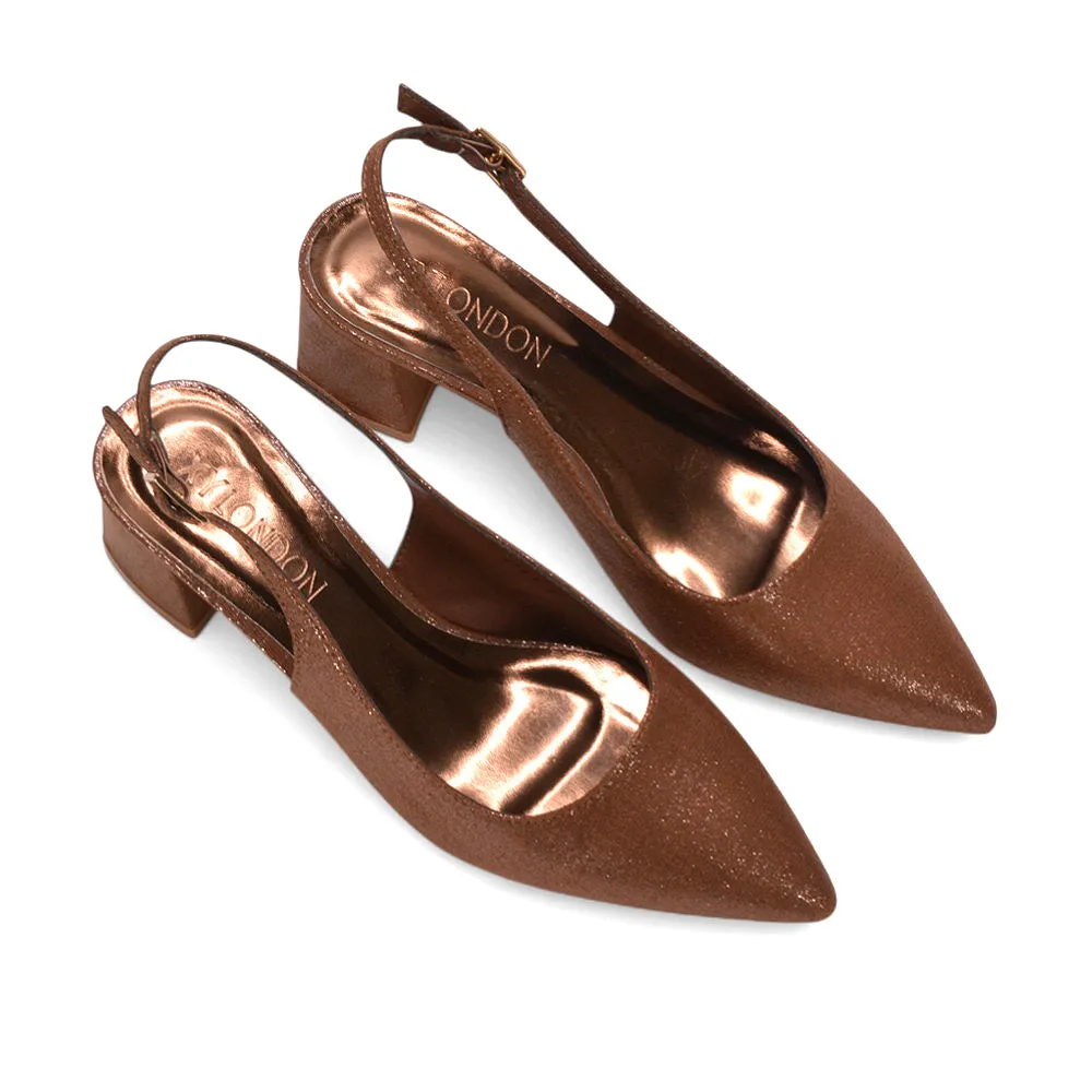 Monroe Slingback Mid Block Heel Pointed Toe Court Shoes in Brown Shimmer sold by XYlondon product image thumbnail 3