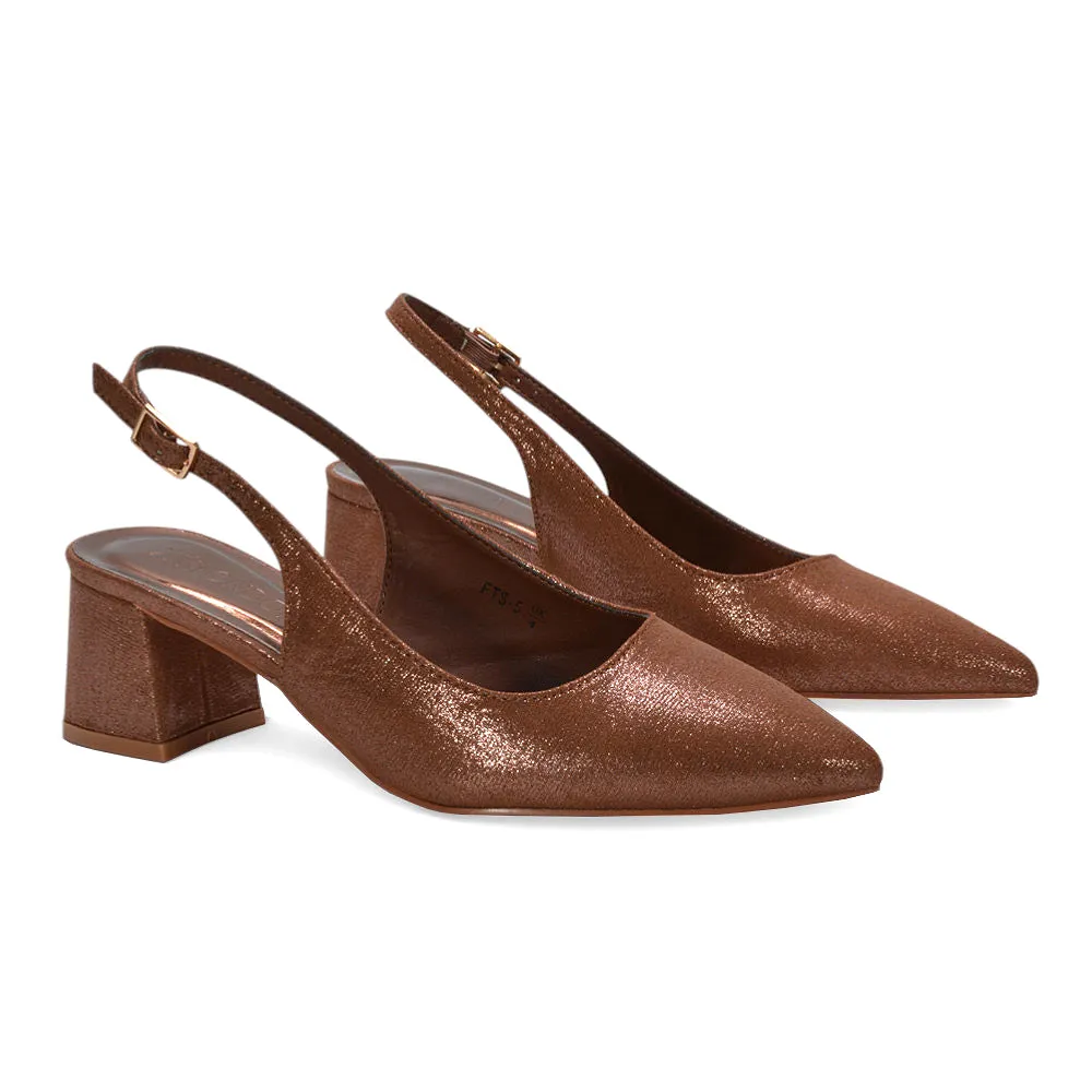 Monroe Slingback Mid Block Heel Pointed Toe Court Shoes in Brown Shimmer sold by XYlondon product image thumbnail 5