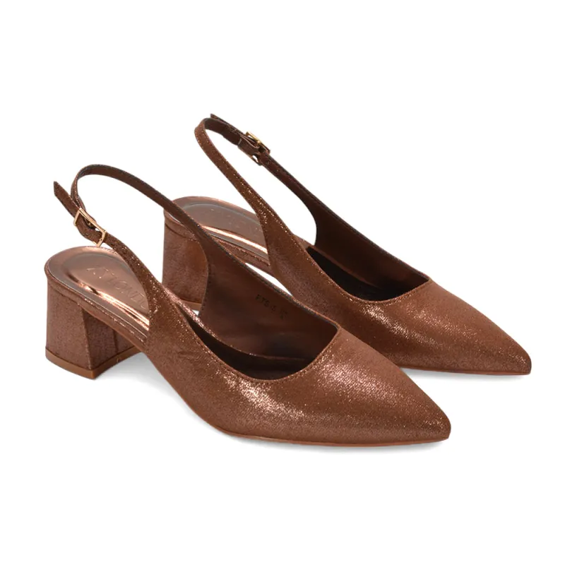 Monroe Slingback Mid Block Heel Pointed Toe Court Shoes in Brown Shimmer sold by XYlondon