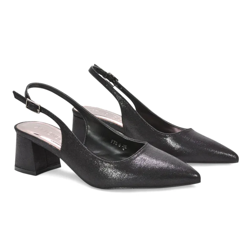 Monroe Slingback Mid Block Heel Pointed Toe Court Shoes in Black Shimmer sold by XYlondon
