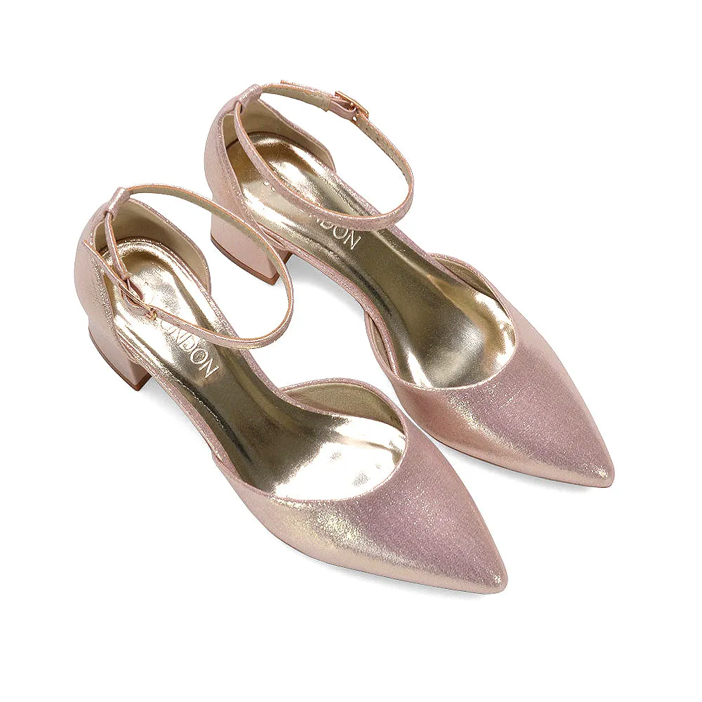 Evie Mid Block Heel Pointed Toe Ankle Strap Bridal Court Shoes in Blush Gold Shimmer sold by XYlondon product image thumbnail 2
