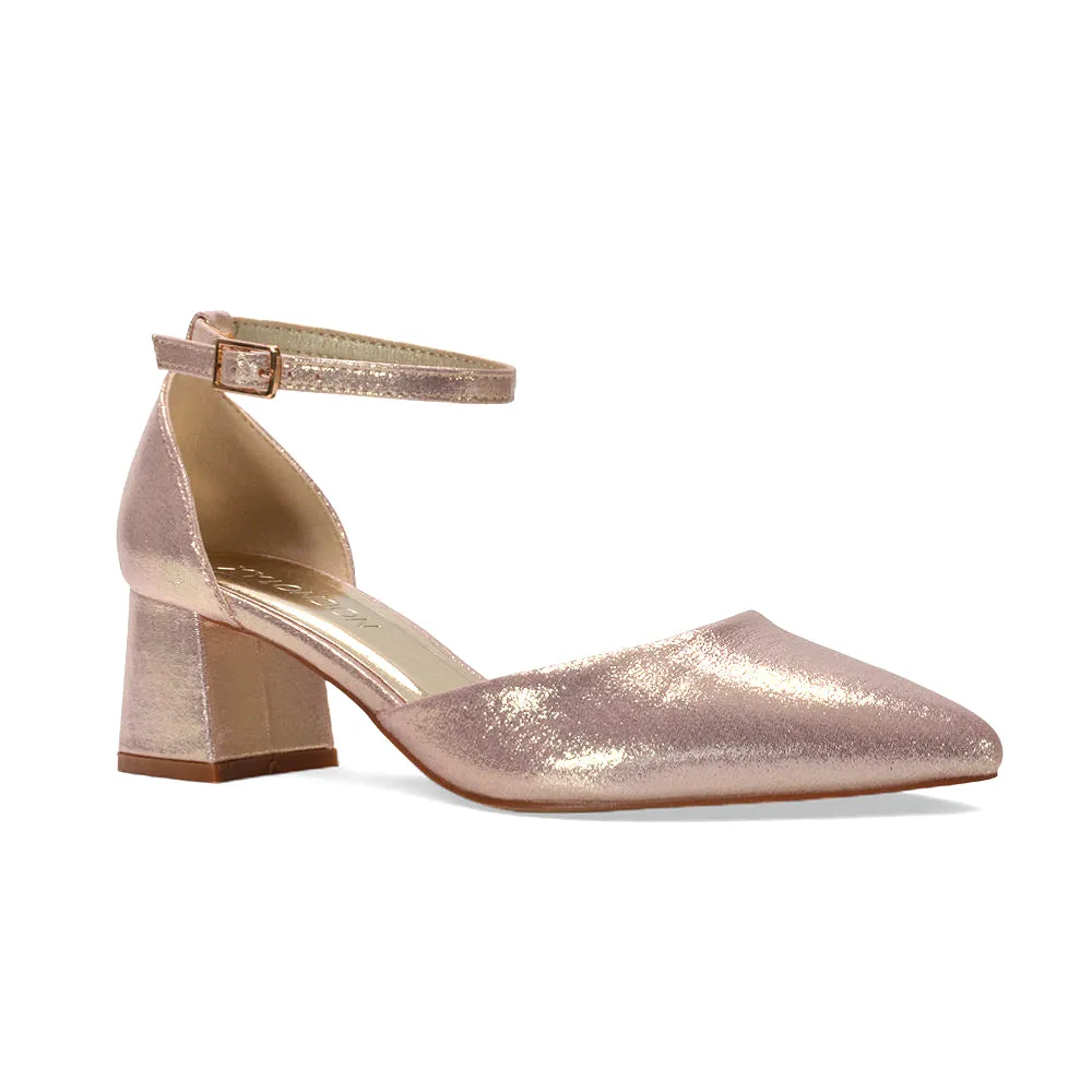 Evie Mid Block Heel Pointed Toe Ankle Strap Bridal Court Shoes in Blush Gold Shimmer sold by XYlondon product image thumbnail 5