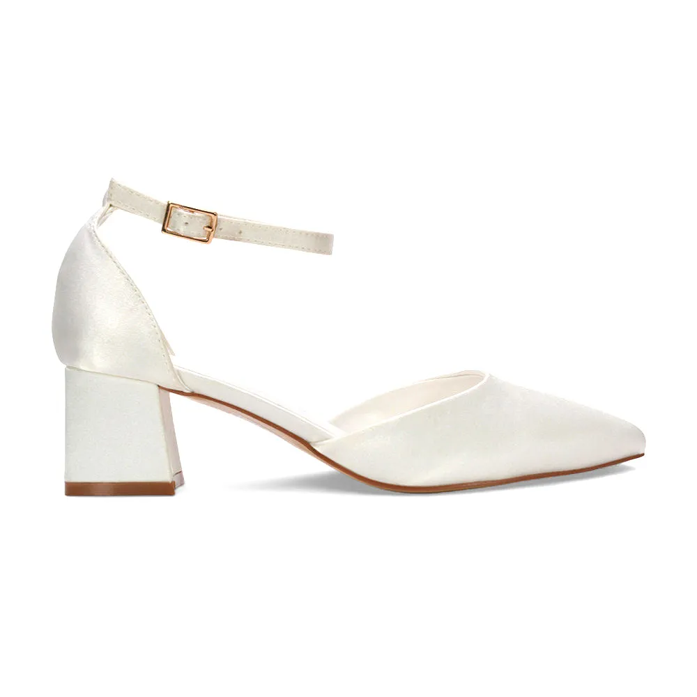 Evie Mid Block Heel Pointed Toe Ankle Strap Bridal Court Shoes in Ivory Satin sold by XYlondon product image thumbnail 2