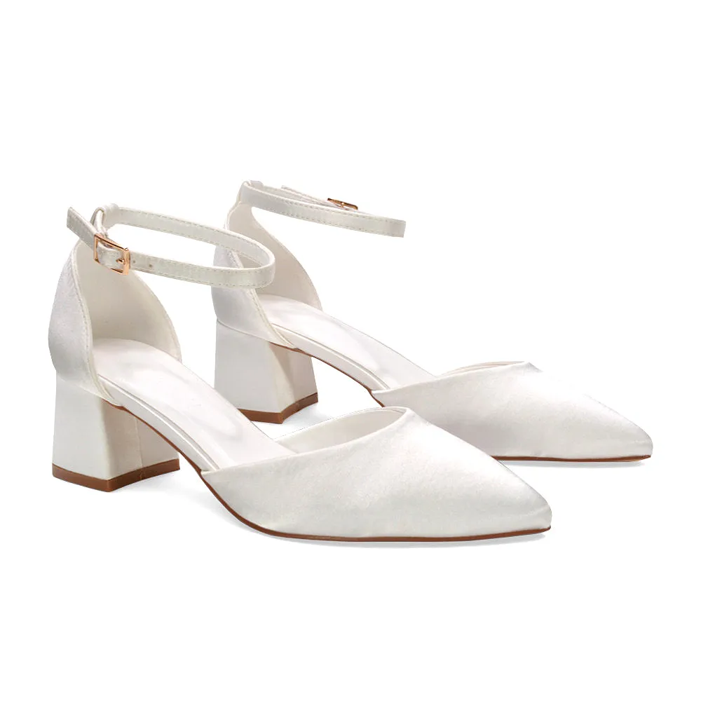 Evie Mid Block Heel Pointed Toe Ankle Strap Bridal Court Shoes in Ivory Satin sold by XYlondon
