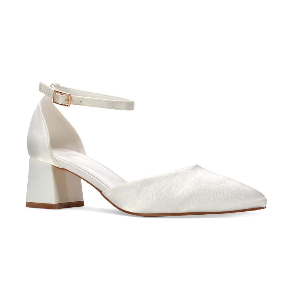 Evie Mid Block Heel Pointed Toe Ankle Strap Bridal Court Shoes in Ivory Satin sold by XYlondon product image thumbnail 3