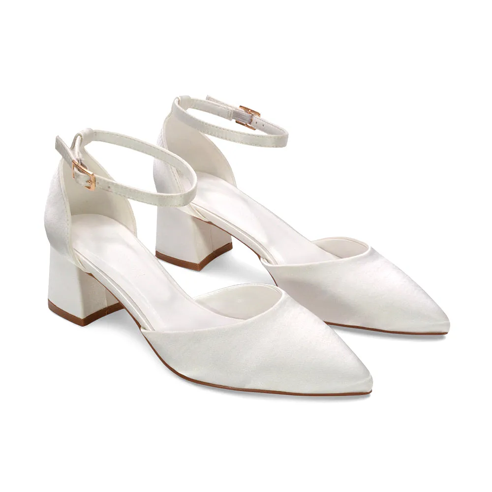 Evie Mid Block Heel Pointed Toe Ankle Strap Bridal Court Shoes in Ivory Satin sold by XYlondon product image thumbnail 5