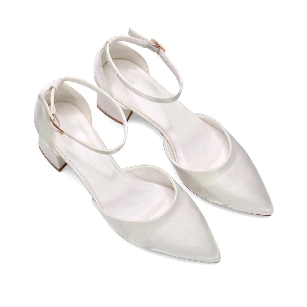 Evie Mid Block Heel Pointed Toe Ankle Strap Bridal Court Shoes in Ivory Satin sold by XYlondon product image thumbnail 4