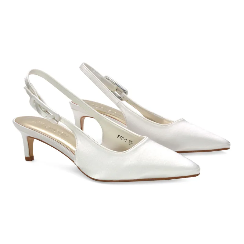 Kelly Low Kitten Heel Slingback Pointed Toe Court Shoe Bridal Heels in Ivory sold by XYlondon